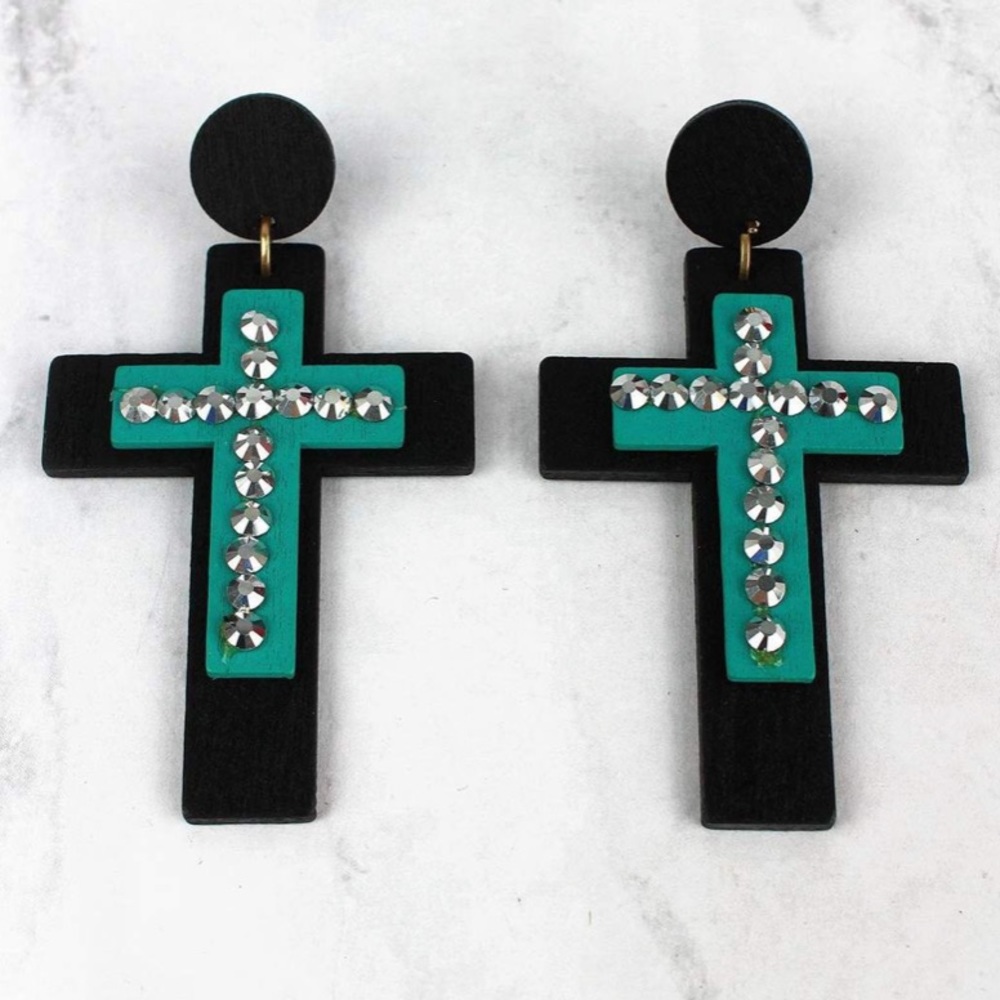 Black & Turquoise Layered Cross Earrings
